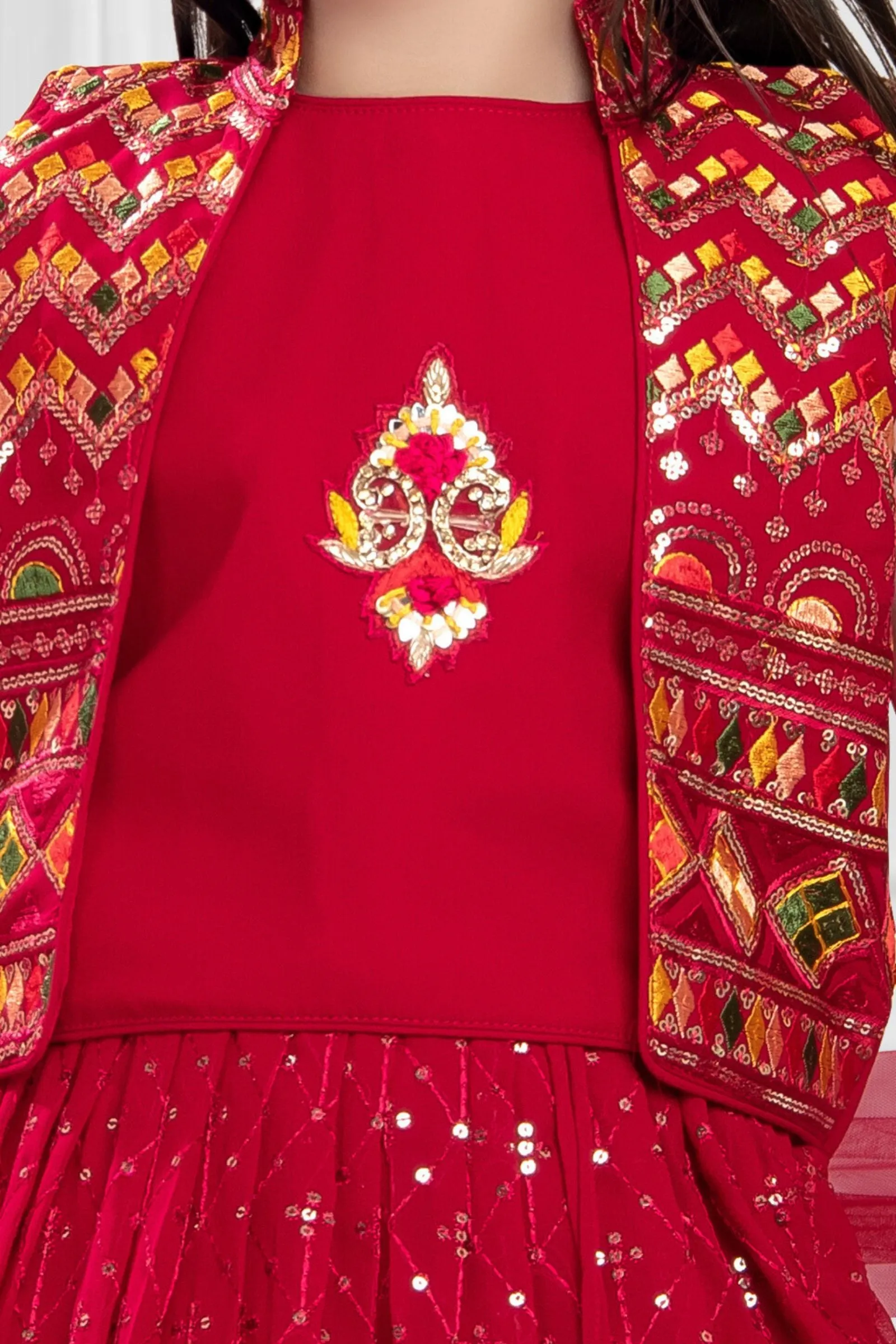 Red Multicolor Embroidery work Overcoat Styled Lehenga Choli for Girls