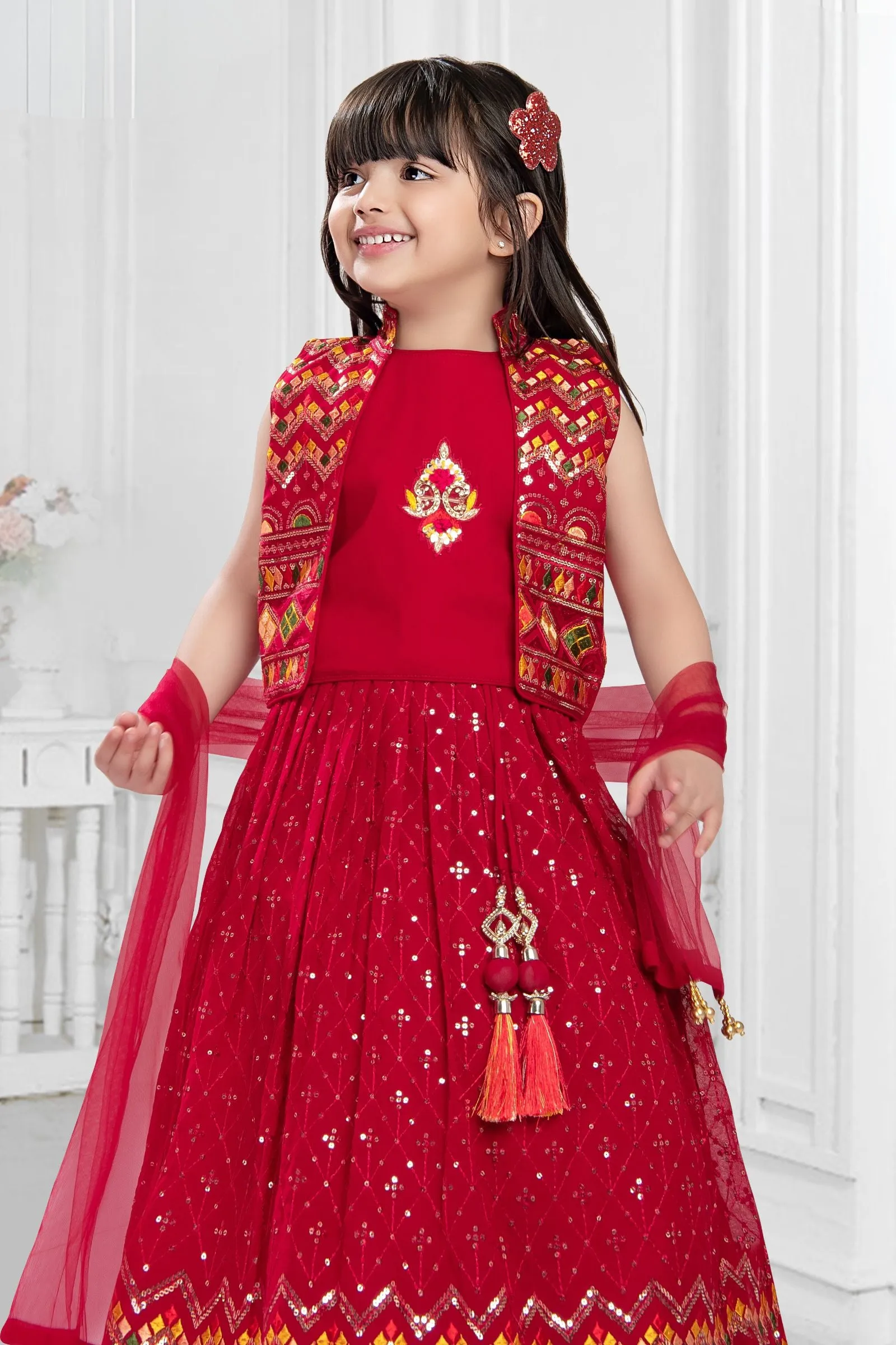 Red Multicolor Embroidery work Overcoat Styled Lehenga Choli for Girls