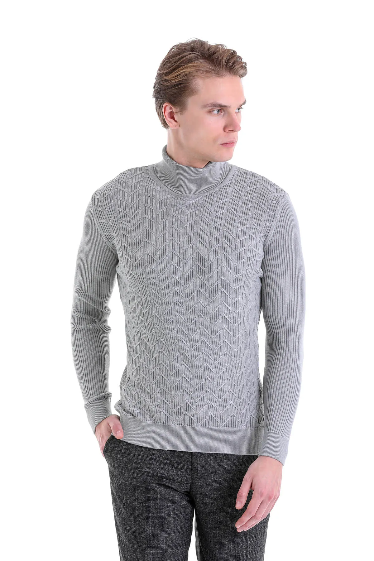 Regular Fit Gray Patterned Cotton Turtleneck Sweater