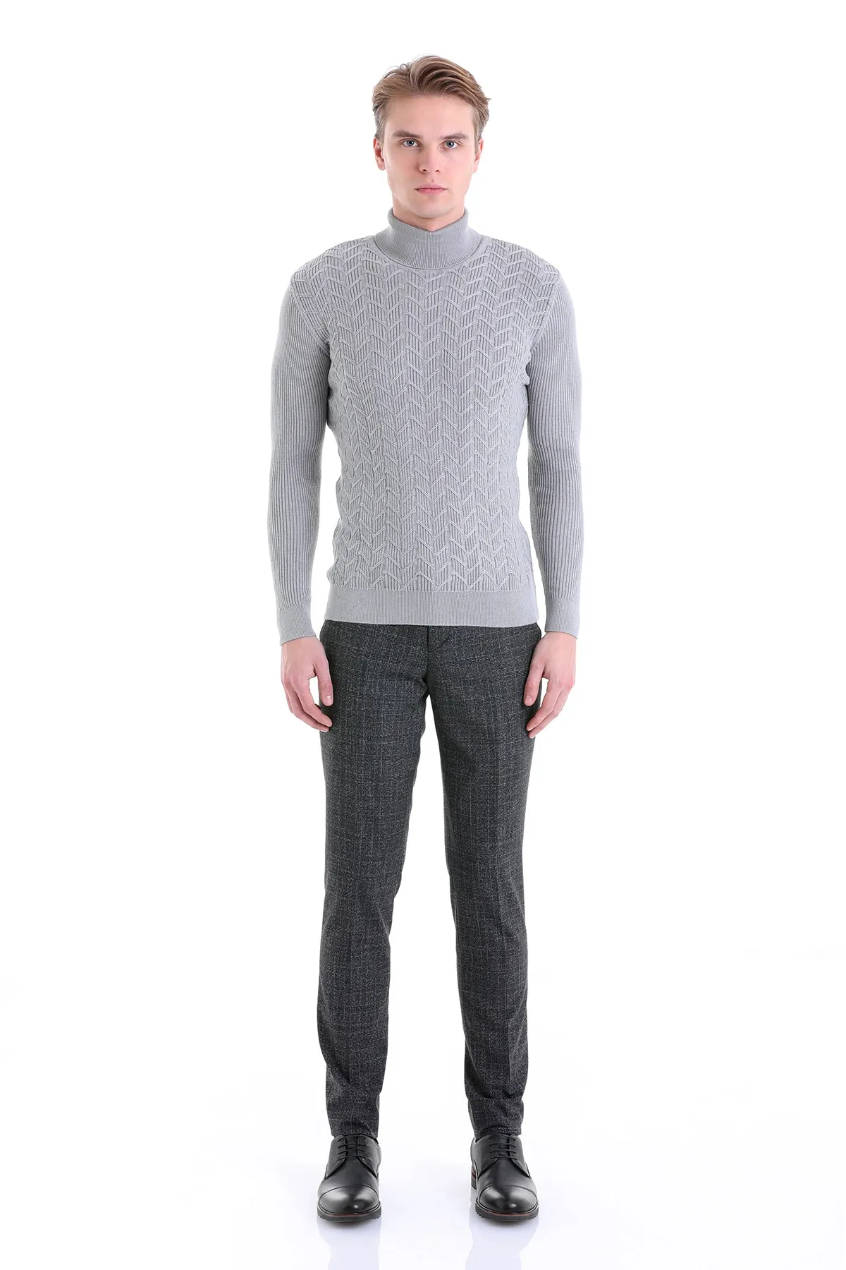 Regular Fit Gray Patterned Cotton Turtleneck Sweater