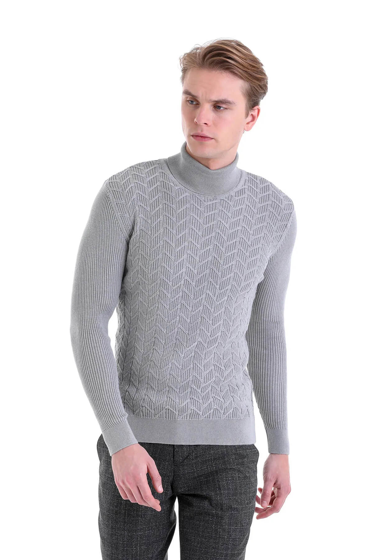 Regular Fit Gray Patterned Cotton Turtleneck Sweater