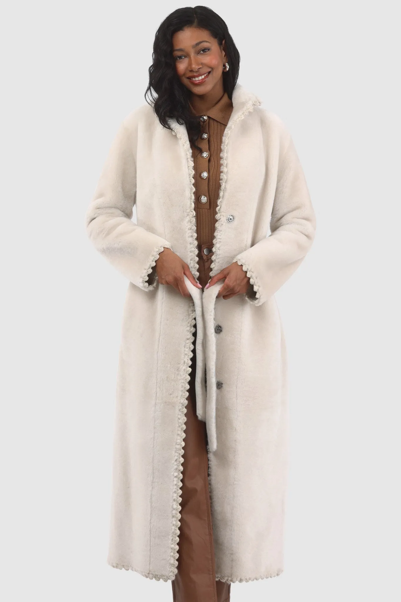 Reversible Select Shearling Lamb Coat with Embroiderd Trim, Belt