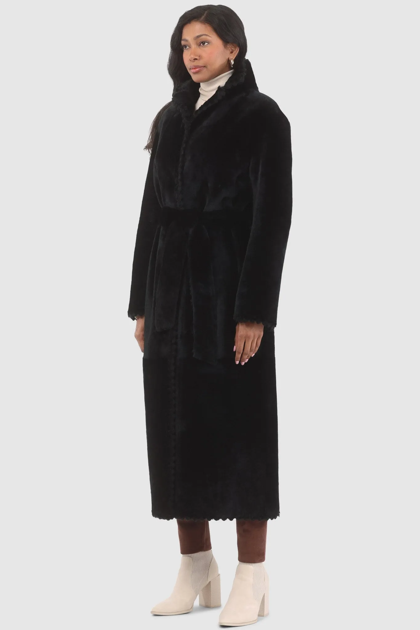 Reversible Select Shearling Lamb Coat with Embroiderd Trim, Belt