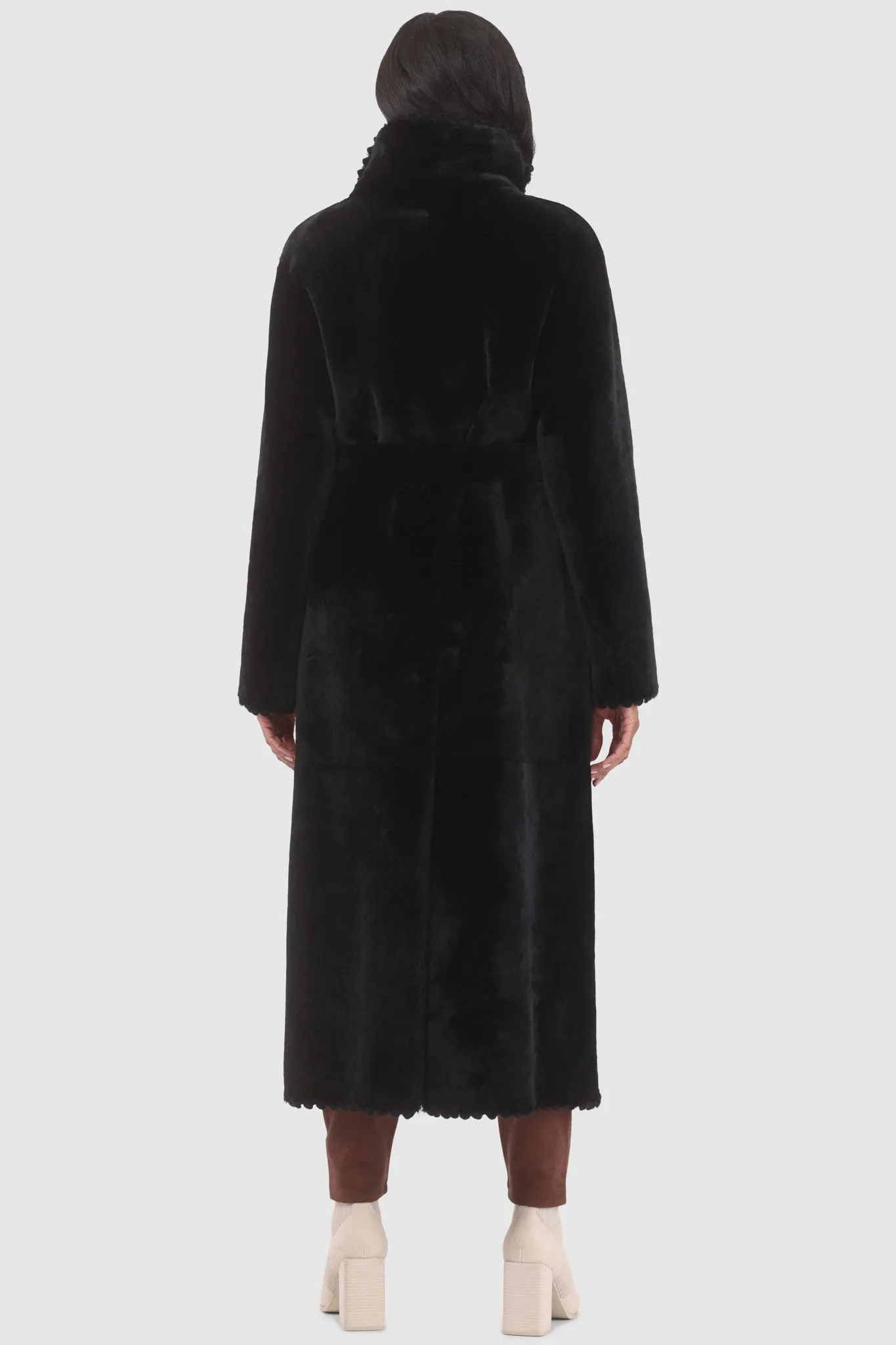 Reversible Select Shearling Lamb Coat with Embroiderd Trim, Belt