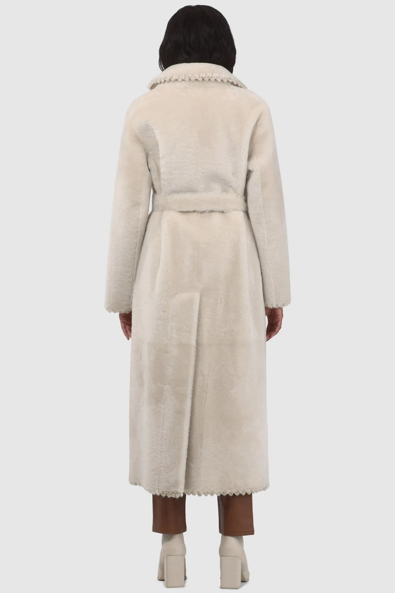 Reversible Select Shearling Lamb Coat with Embroiderd Trim, Belt