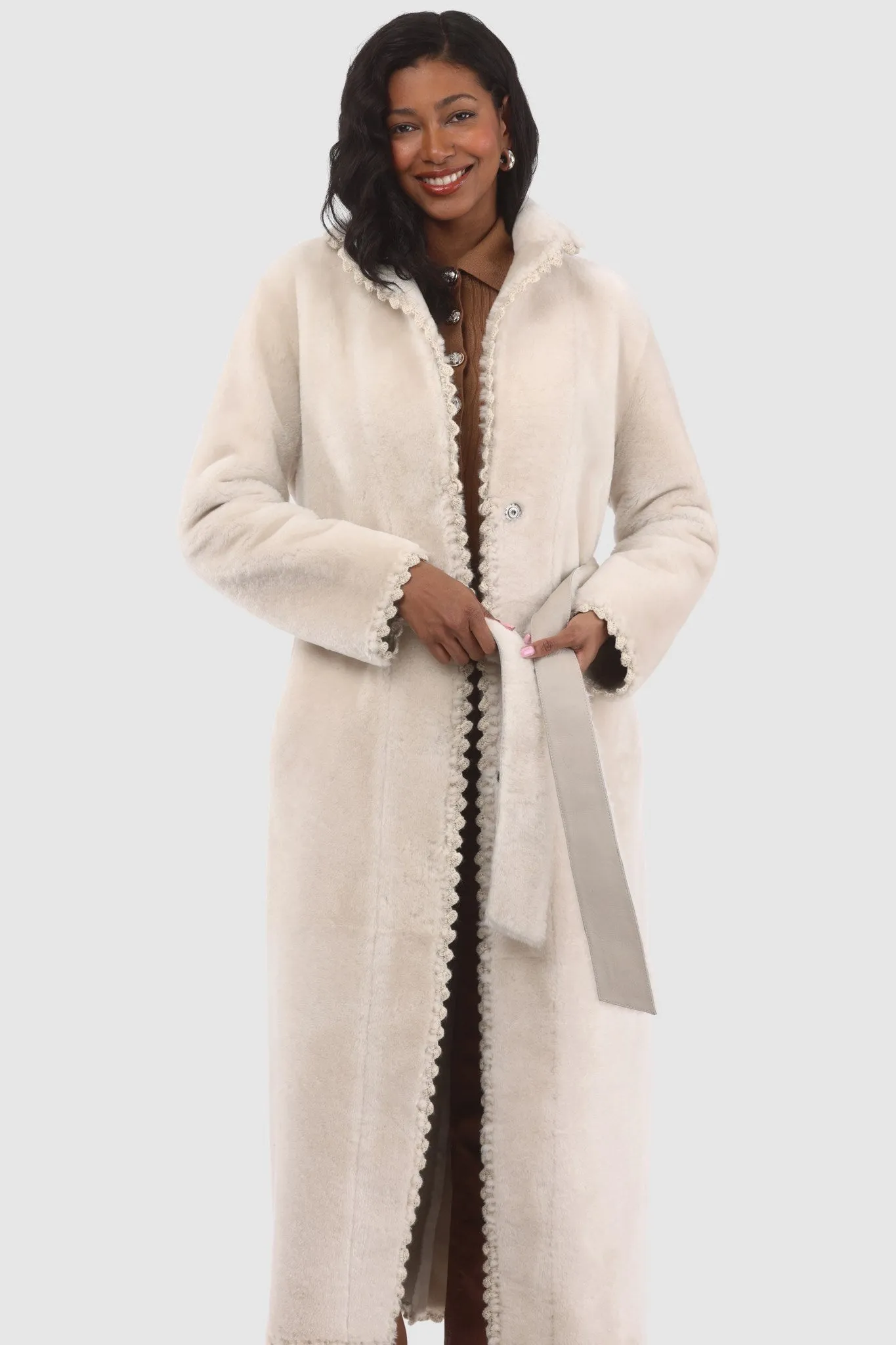 Reversible Select Shearling Lamb Coat with Embroiderd Trim, Belt