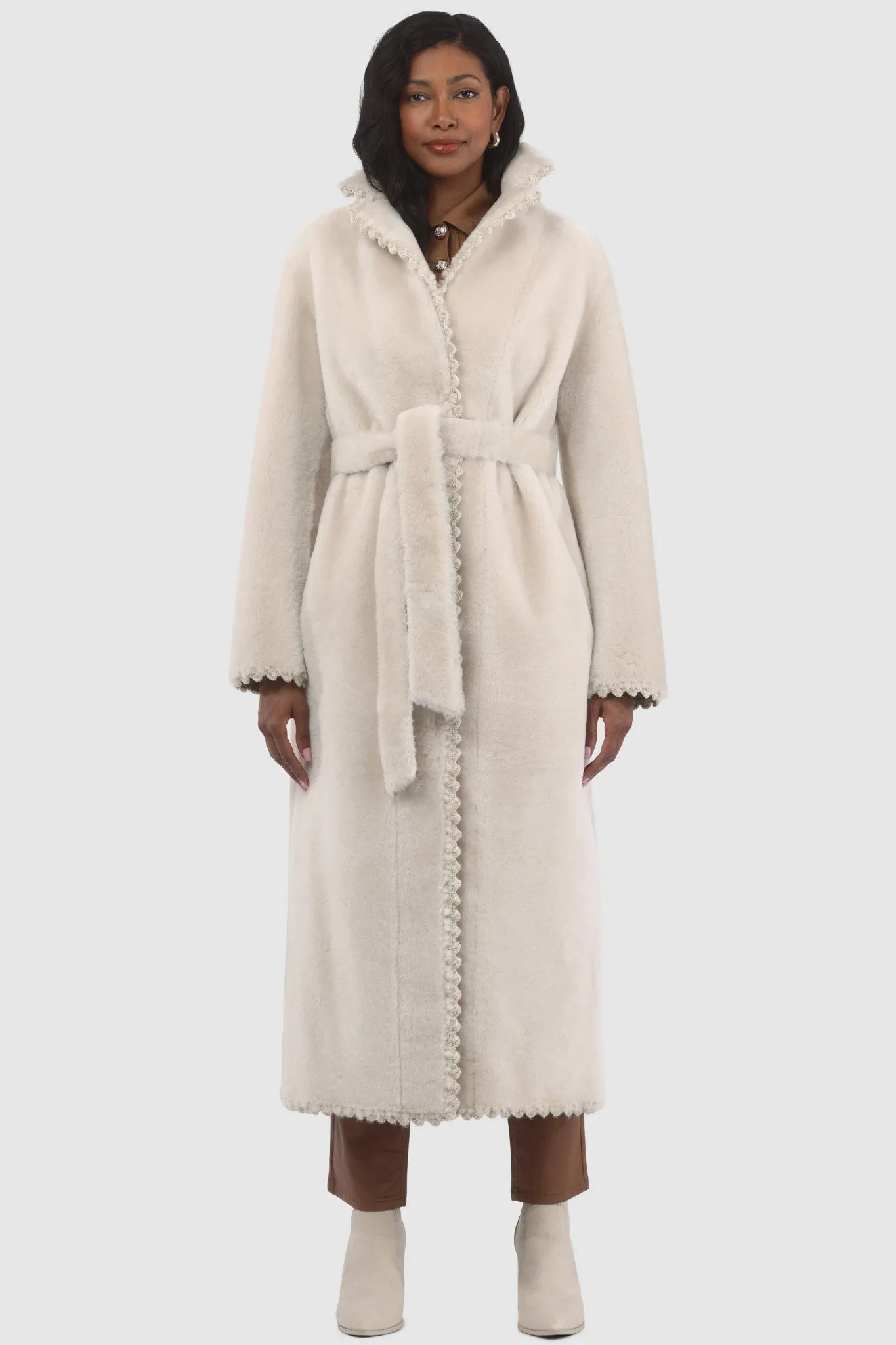 Reversible Select Shearling Lamb Coat with Embroiderd Trim, Belt