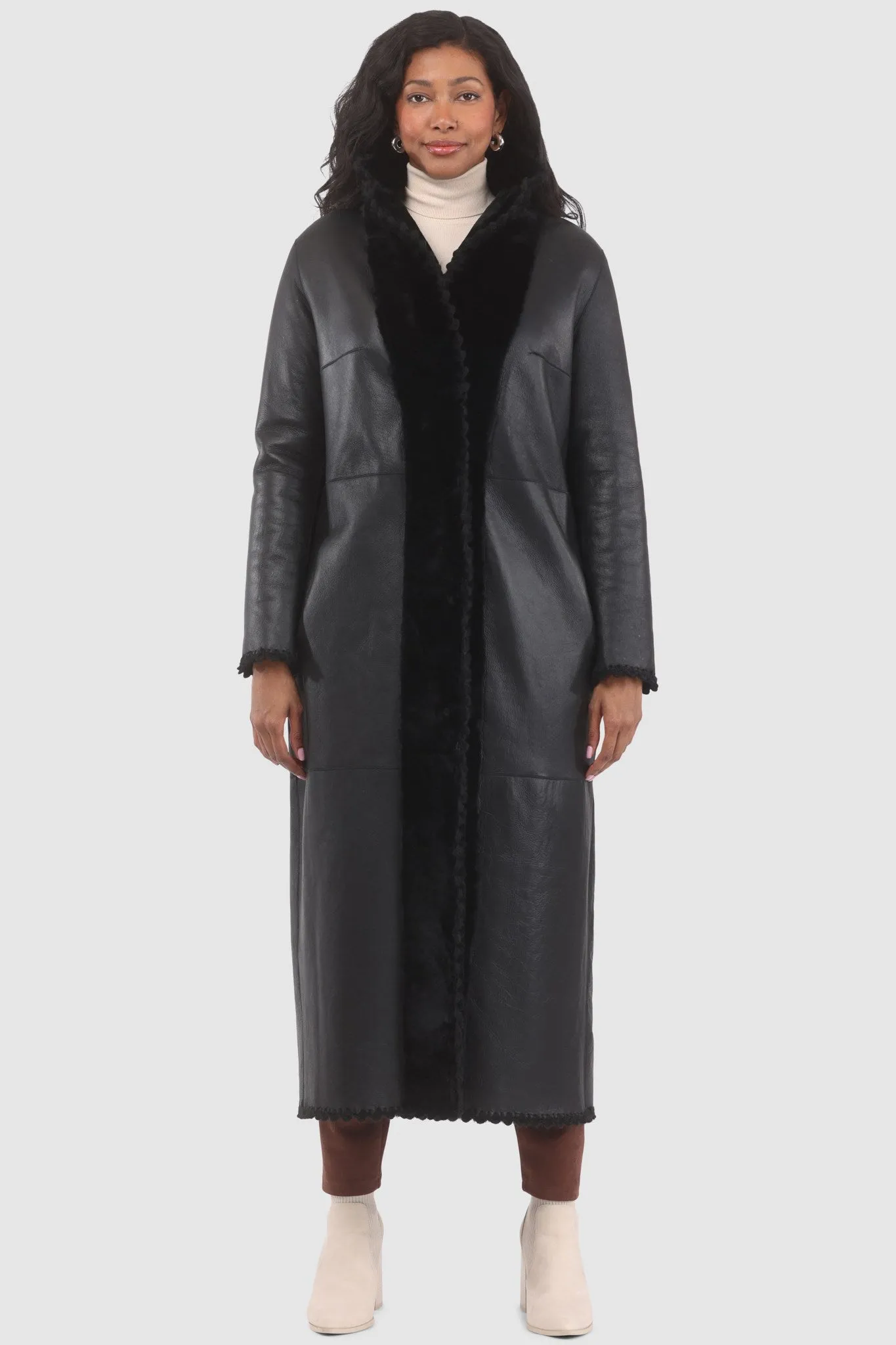 Reversible Select Shearling Lamb Coat with Embroiderd Trim, Belt