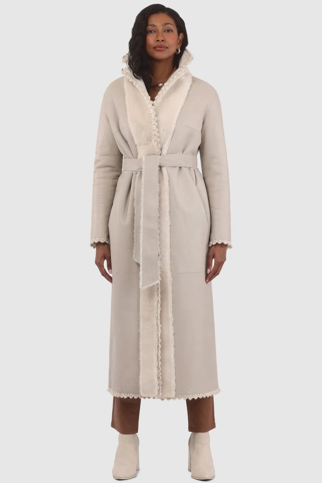 Reversible Select Shearling Lamb Coat with Embroiderd Trim, Belt