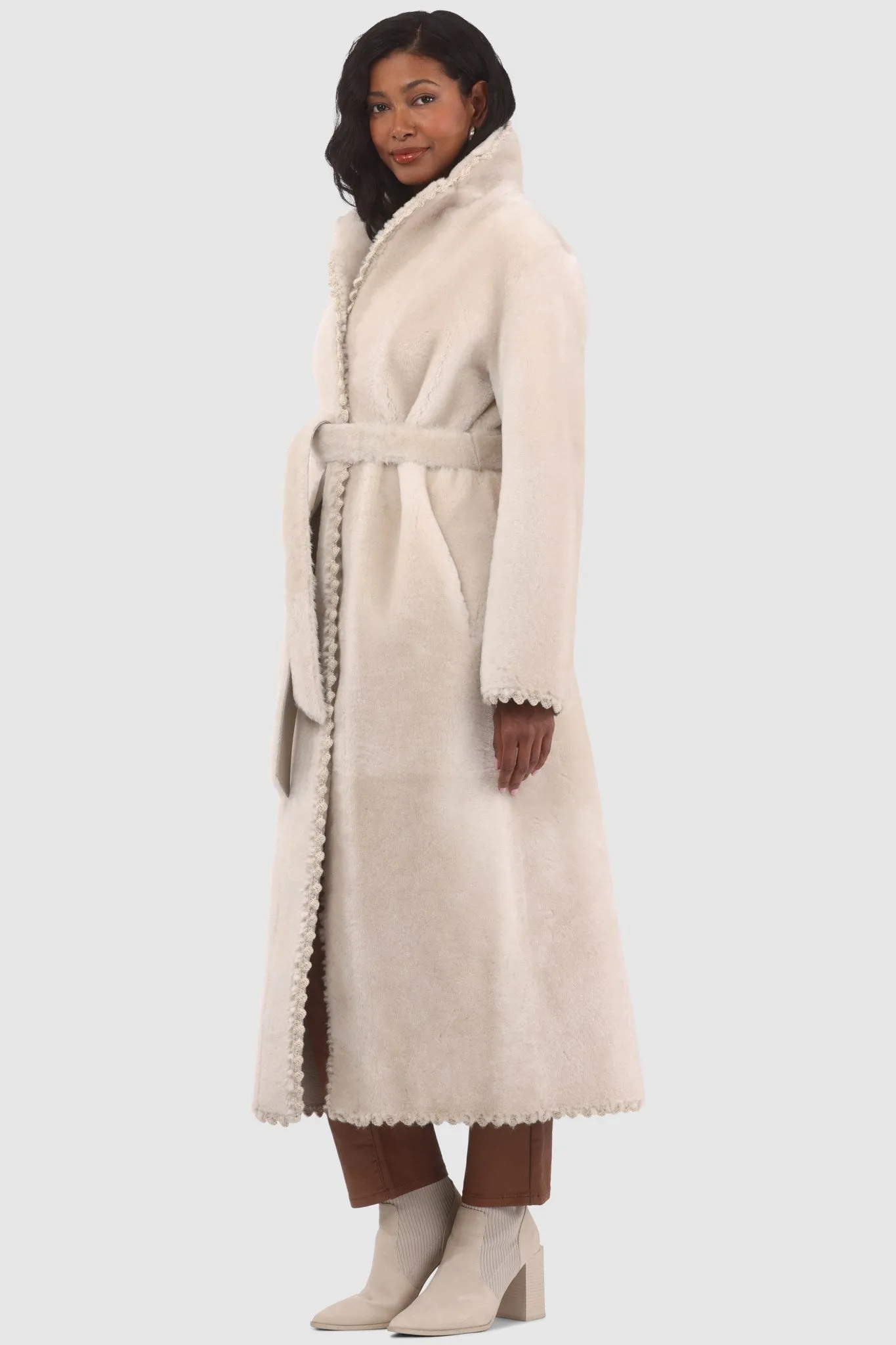 Reversible Select Shearling Lamb Coat with Embroiderd Trim, Belt