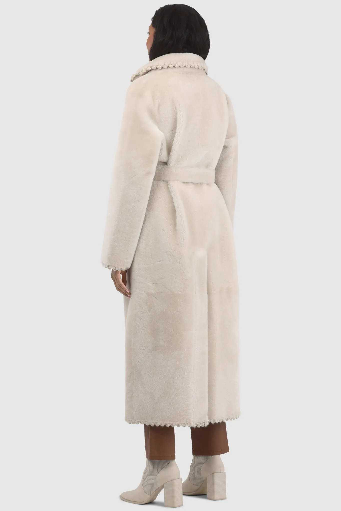 Reversible Select Shearling Lamb Coat with Embroiderd Trim, Belt