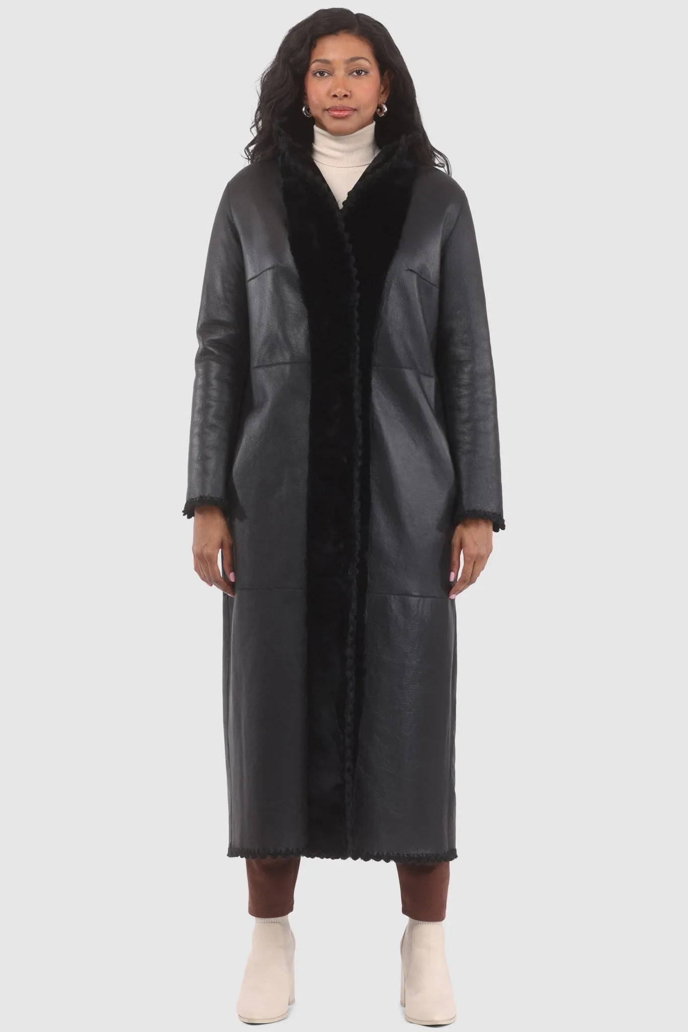 Reversible Select Shearling Lamb Coat with Embroiderd Trim, Belt