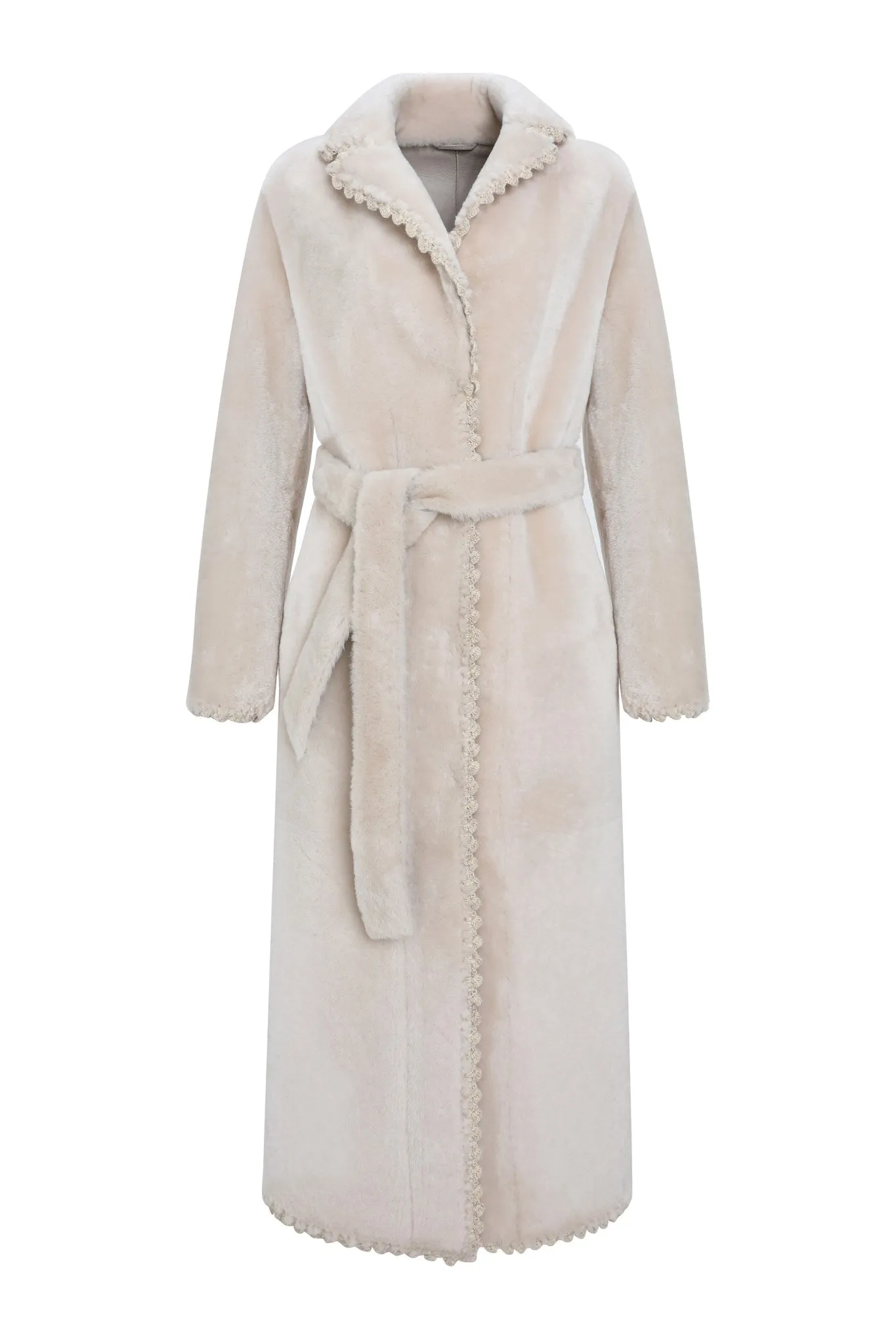 Reversible Select Shearling Lamb Coat with Embroiderd Trim, Belt