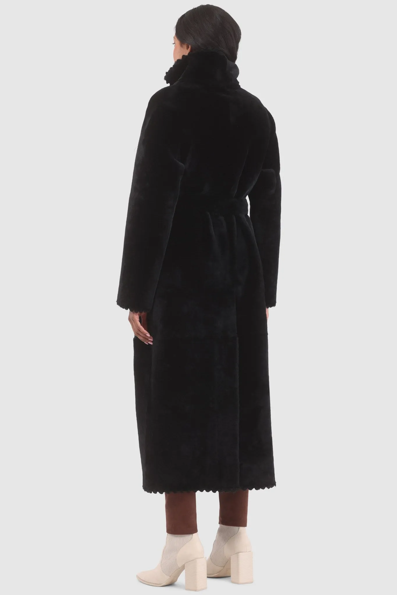 Reversible Select Shearling Lamb Coat with Embroiderd Trim, Belt