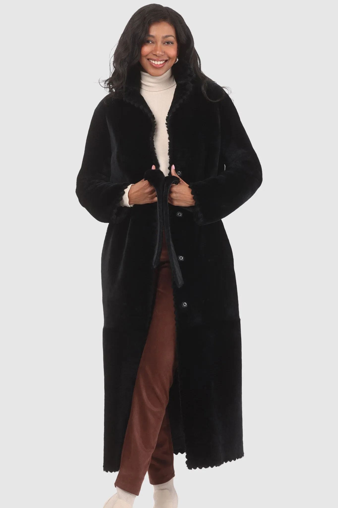 Reversible Select Shearling Lamb Coat with Embroiderd Trim, Belt