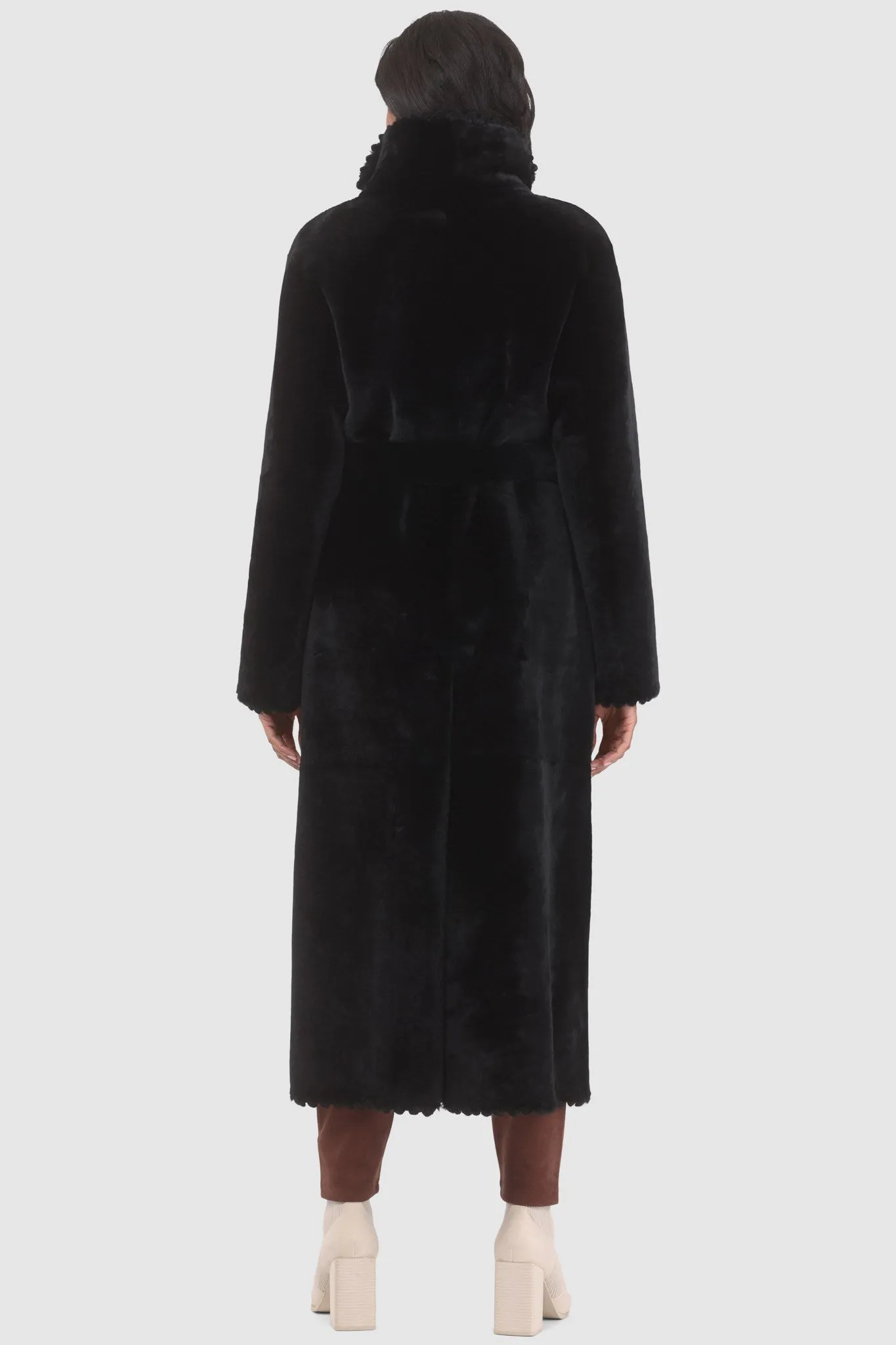 Reversible Select Shearling Lamb Coat with Embroiderd Trim, Belt