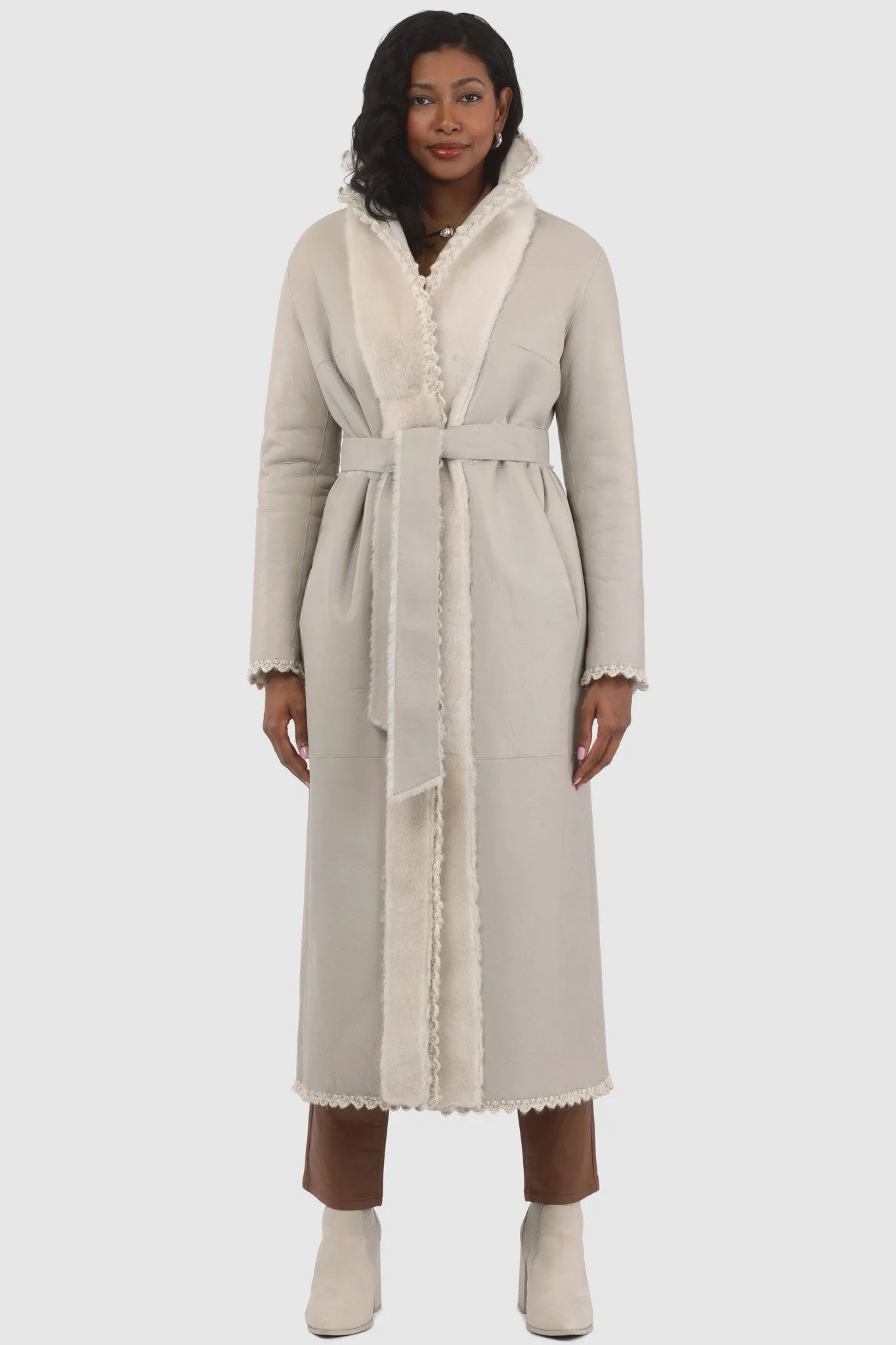 Reversible Select Shearling Lamb Coat with Embroiderd Trim, Belt