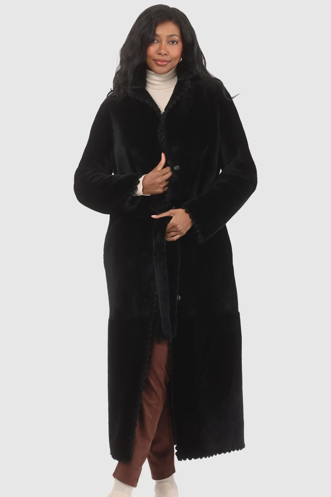 Reversible Select Shearling Lamb Coat with Embroiderd Trim, Belt