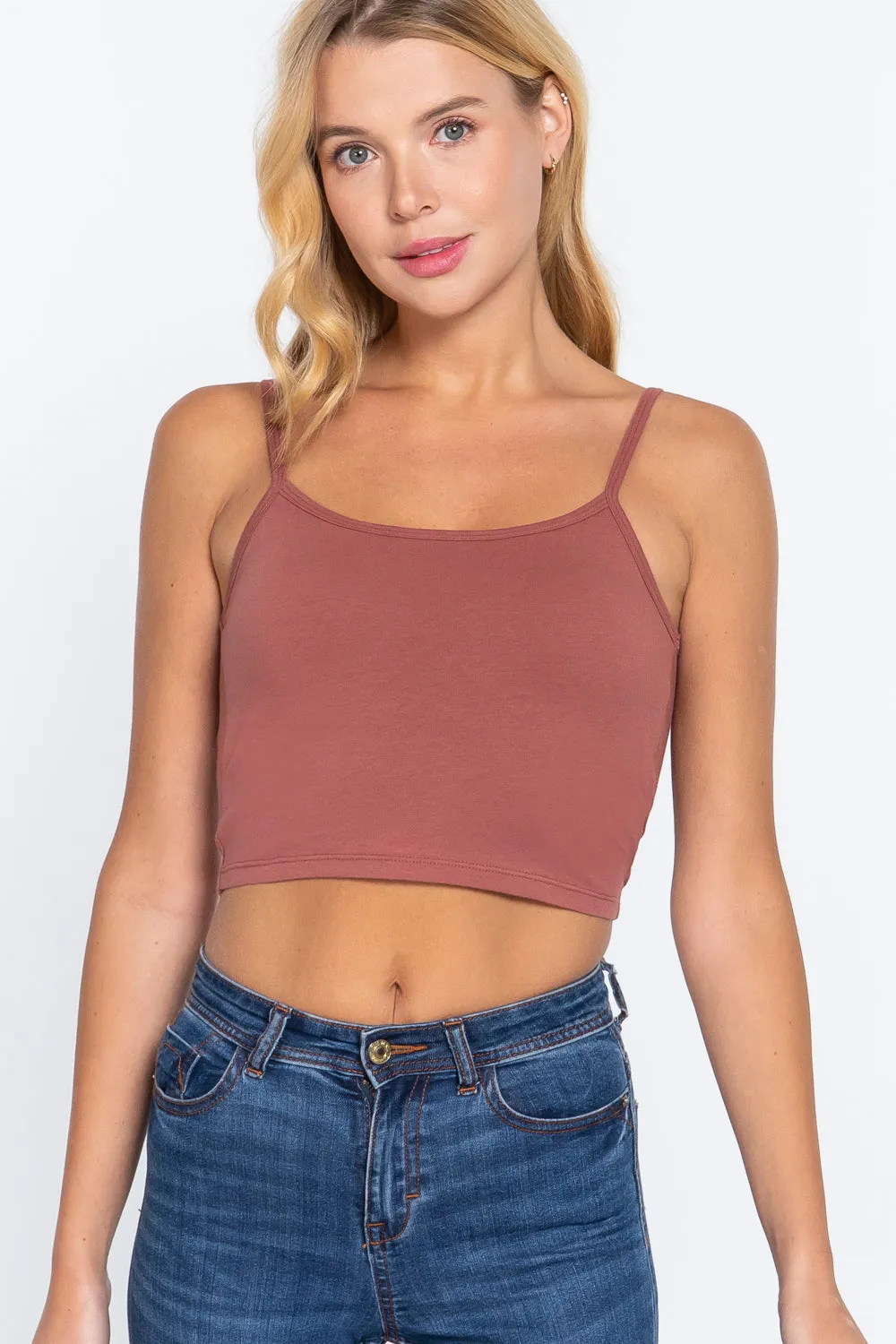 Round Neck W/removable Bra Cup Cotton Spandex Bra Top - 17 colors - Ships from The USA