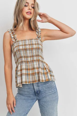 Ruffle Strap Smocked Peplum Plaid Halter Top - Ships from The US