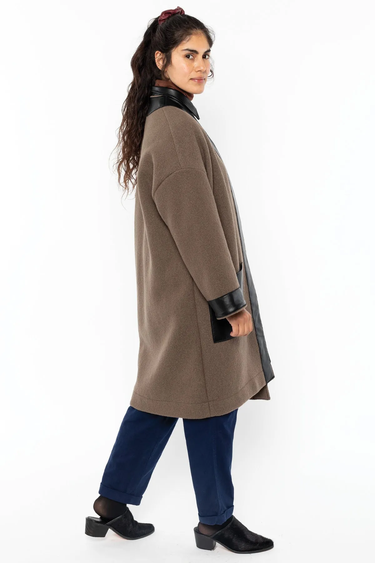 RWL100 - Wool Coat with Leather Trim