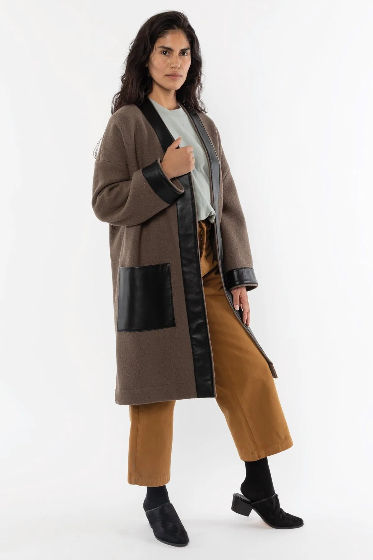 RWL100 - Wool Coat with Leather Trim