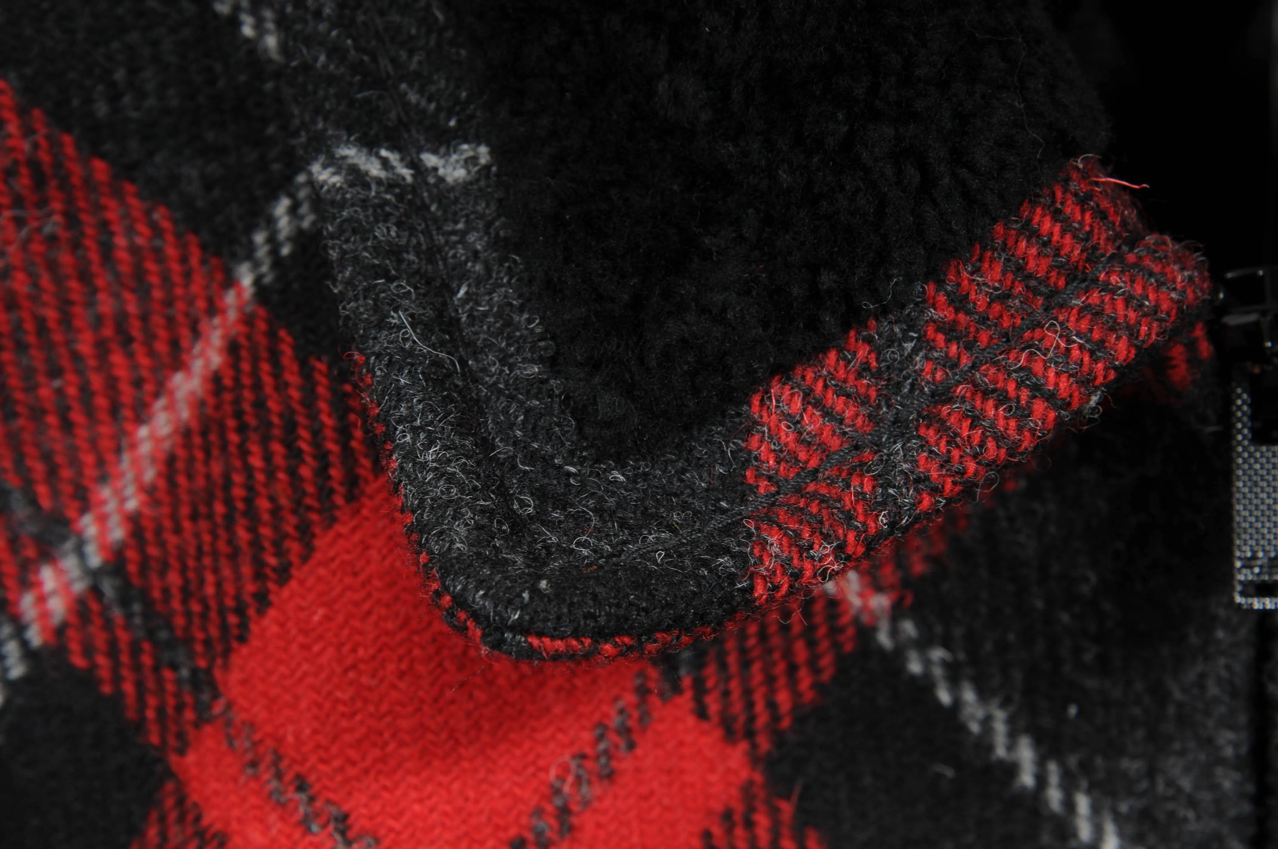 Saint Laurent Red Tartan Print Quilted Wool Shearling Collar Jacket Coat