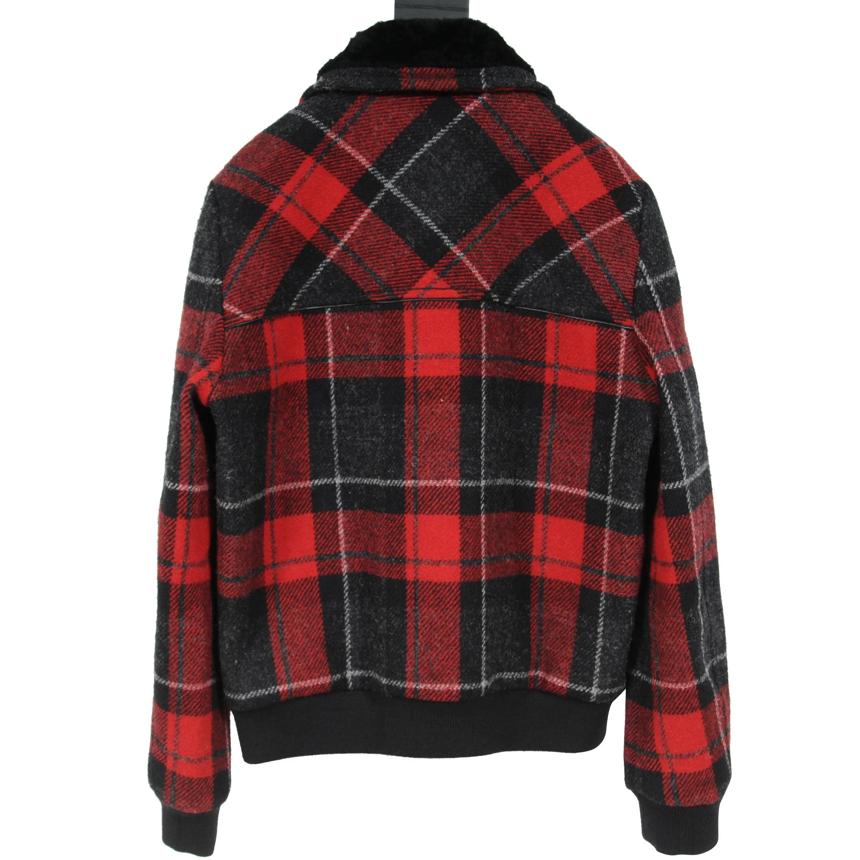 Saint Laurent Red Tartan Print Quilted Wool Shearling Collar Jacket Coat