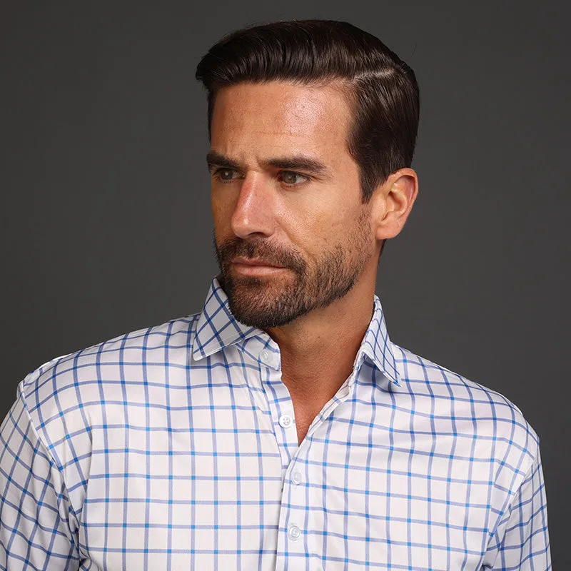 Semi-Spread Collar Polo Blue Grid Check