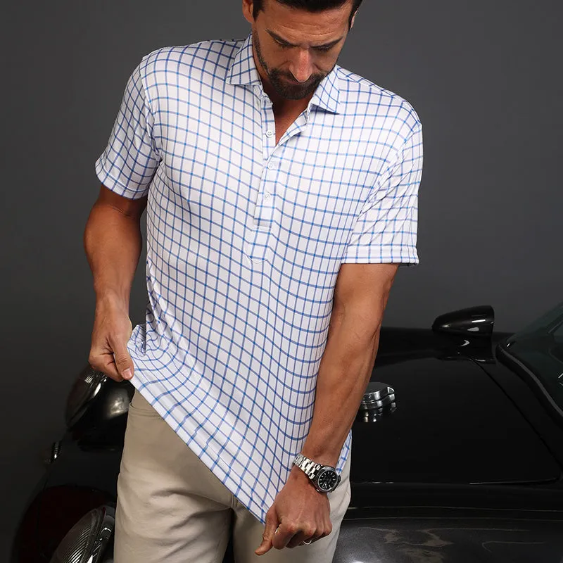 Semi-Spread Collar Polo Blue Grid Check