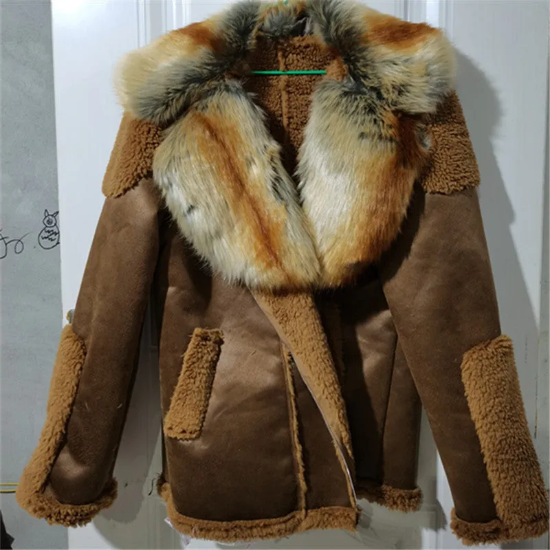 Shearling Sheepskin Style Faux Fur Trim Collar Coat