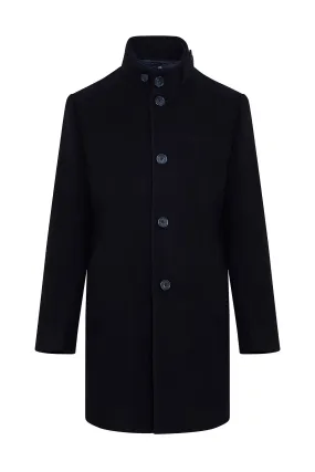 Slim Fit Hidden Zipper Stand Collar Navy Wool Blend Overcoat