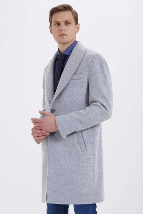 Slim Fit Notch Lapel Viloino Wool Light Gray Overcoat, Light Gray 7