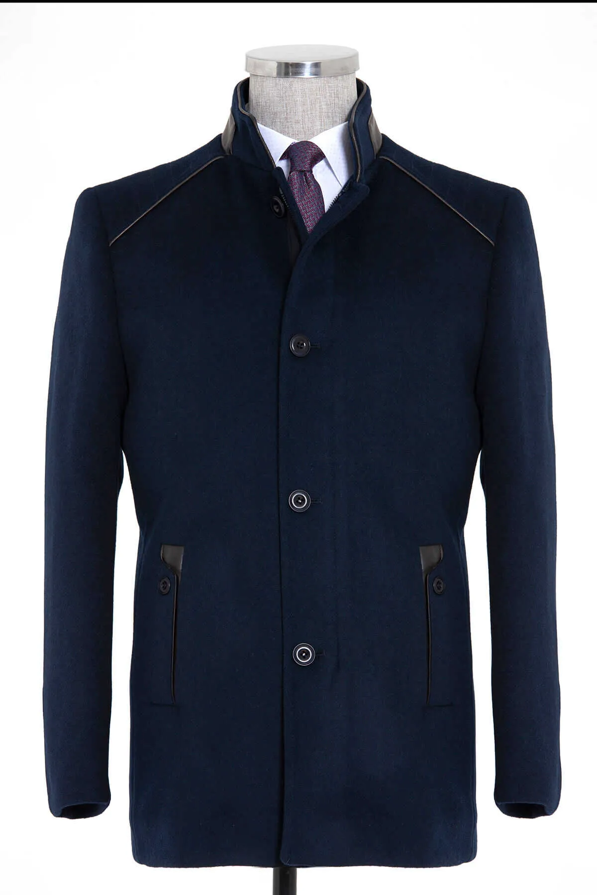 Slim Fit Notch Lapel Wool Navy Overcoat, Navy