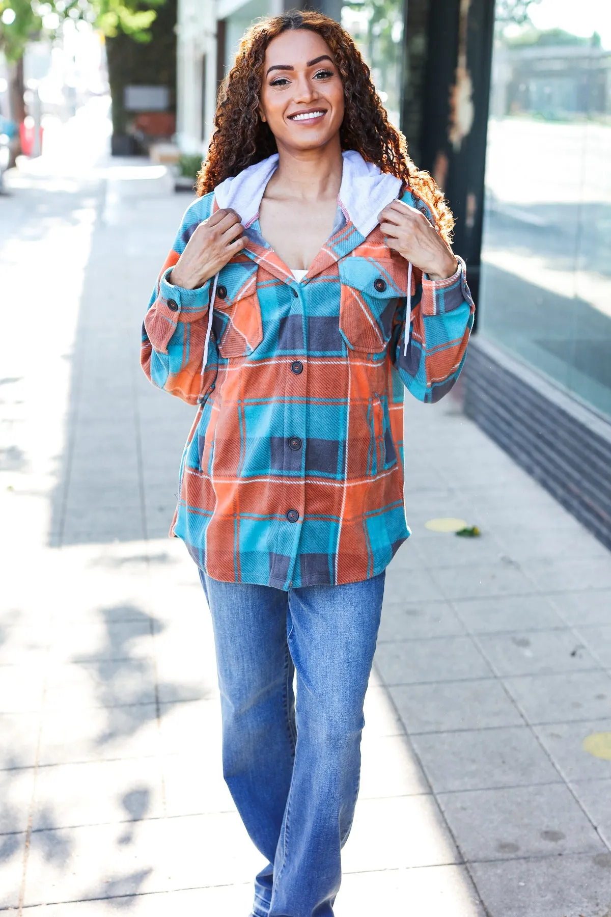 Stand Out Teal & Orange Plaid Fleece Hoodie Shacket