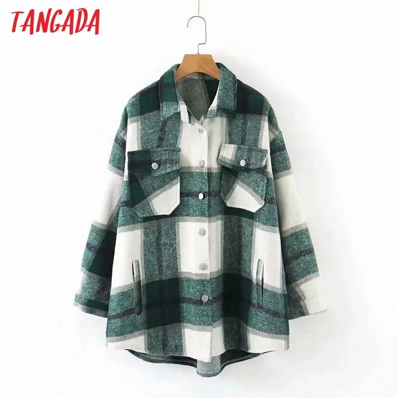 Tangada 2020 Autumn Winter Women Blue Plaid Long Coat Jacket Pocket Casual Warm Overcoat Fashion Outwear Tops QW12