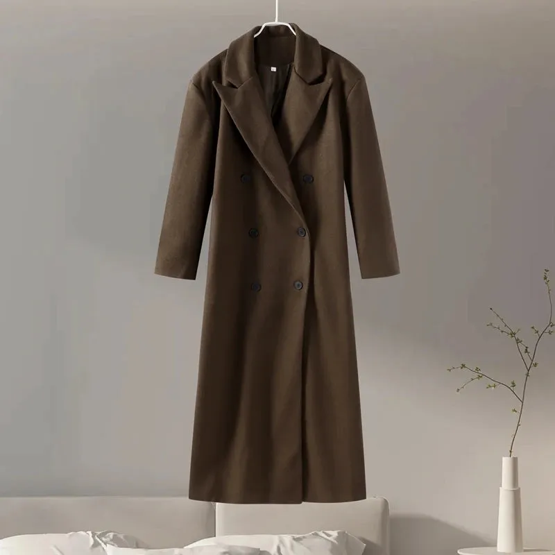 TAVIMART  -  Casual Brown Wool Long Coats for Women Loose Turn Down Collar Double Breasted Female Overcoat Autumn Winter Street Lady Outwear