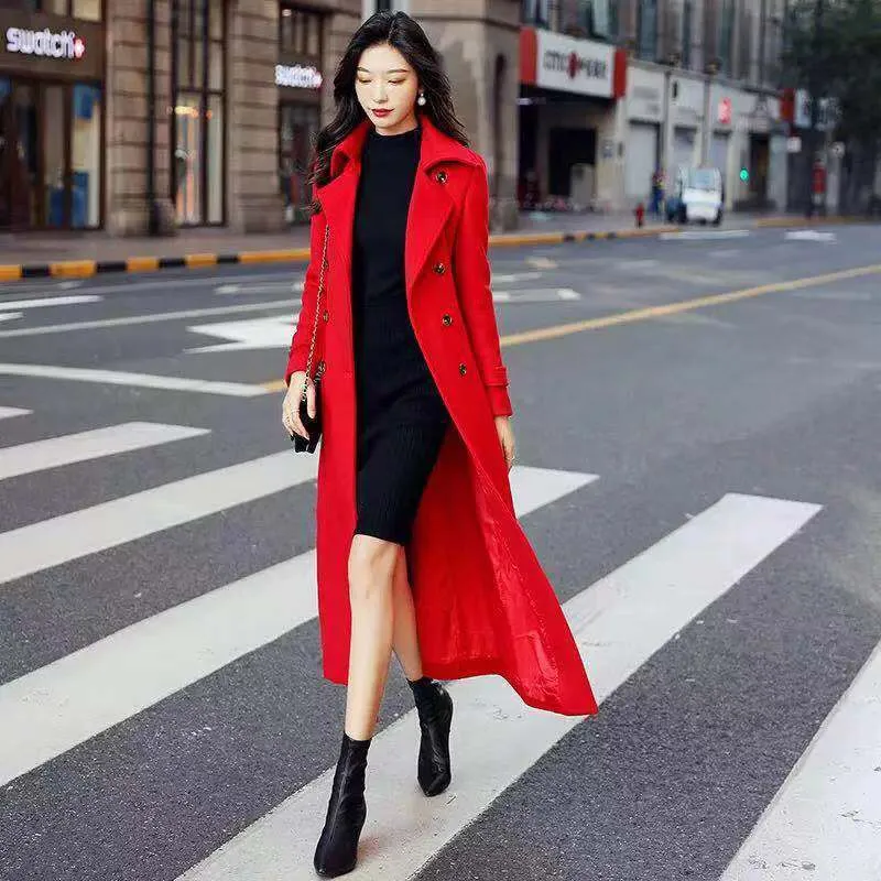 Thick Wool Slim-fit Hepburn Style Ultralong Overknee Overcoat For Women