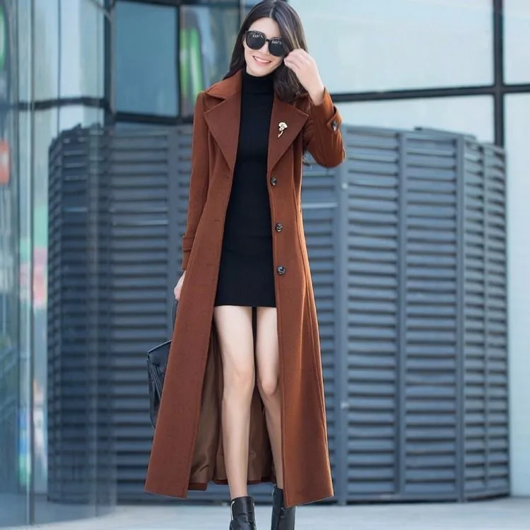 Thick Wool Slim-fit Hepburn Style Ultralong Overknee Overcoat For Women