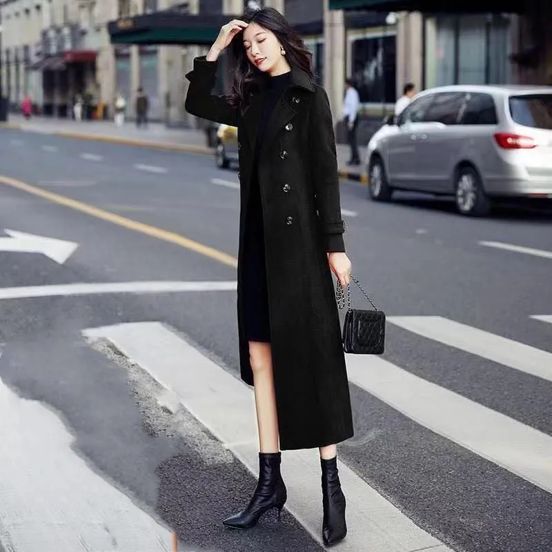 Thick Wool Slim-fit Hepburn Style Ultralong Overknee Overcoat For Women