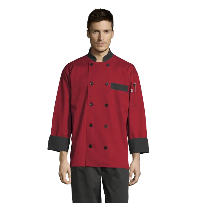 Uncommon Threads Chef Coat XL Red w/ Black Trim Unisex 65/35% Poly/Cotton Twill