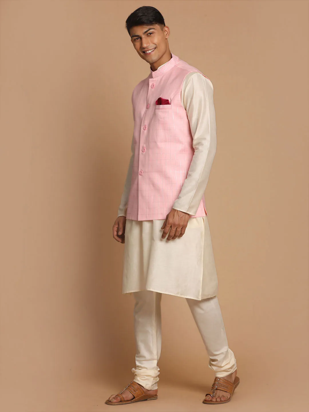 VASTRAMAY Cream Cotton Kurta Set with Linen Nehru Jacket