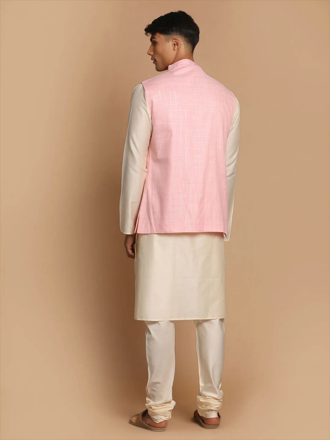 VASTRAMAY Cream Cotton Kurta Set with Linen Nehru Jacket