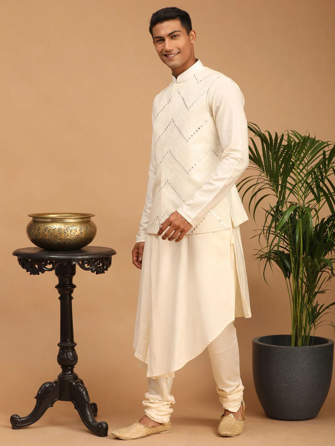 Vastramay Cream Mirror Jacket Kurta Set