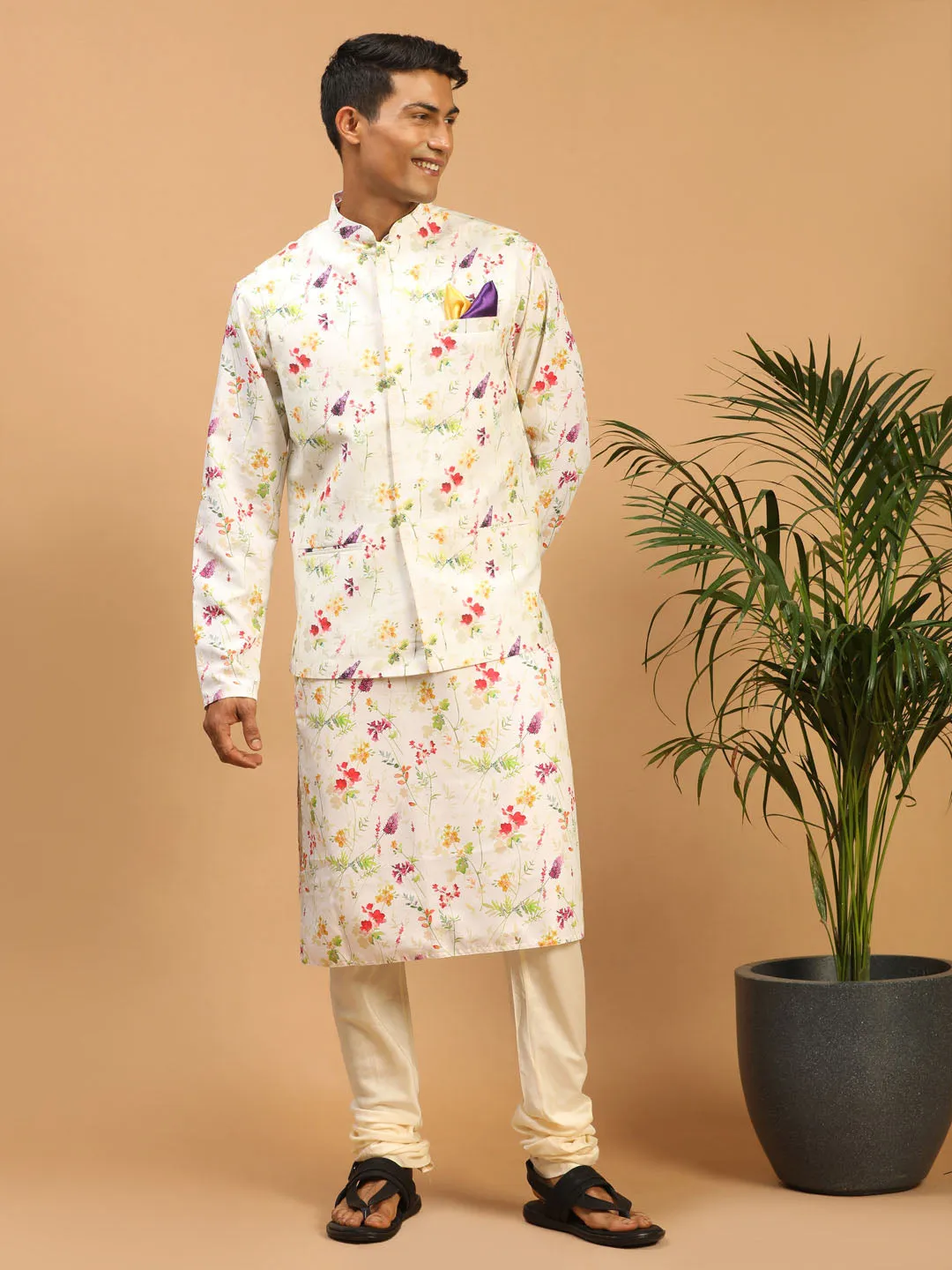 VASTRAMAY Cream Nehru Jacket and Kurta Set