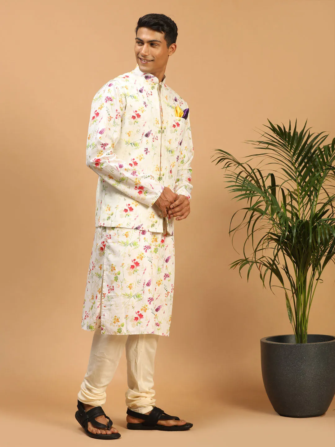 VASTRAMAY Cream Nehru Jacket and Kurta Set