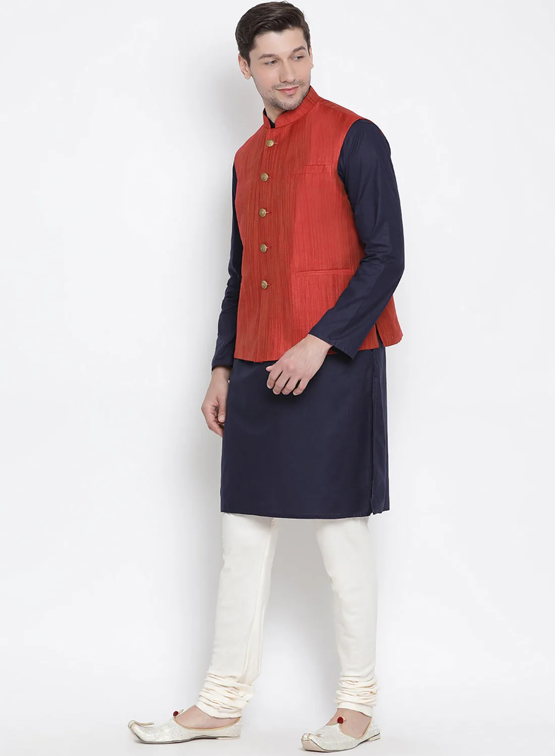 VASTRAMAY Dark Blue Cotton Blend Kurta Set