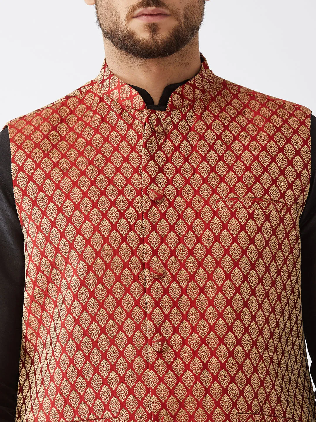 VASTRAMAY Maroon Banarasi Jacket with Black Silk Kurta Set