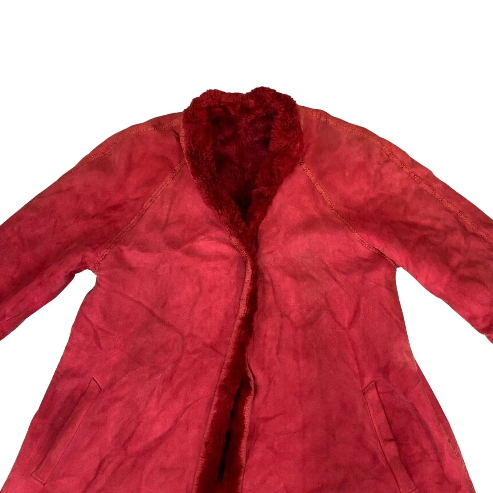 Vintage 80s 90s Red Faux Fur Lined Suede Long Shearling Coat M