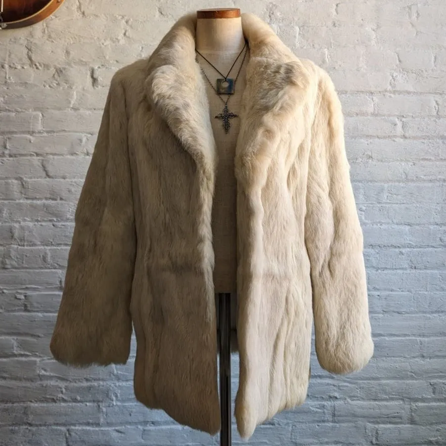 Vintage White Rabbit Fur Coat Penny Lane Minimalist Groovy Boho Chic Glam Jacket